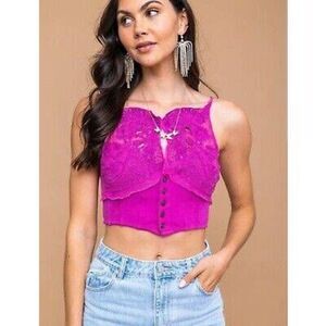 Free People Have My Heart Tank Top M Raspberry Sorbet Pink Crop Distress Button